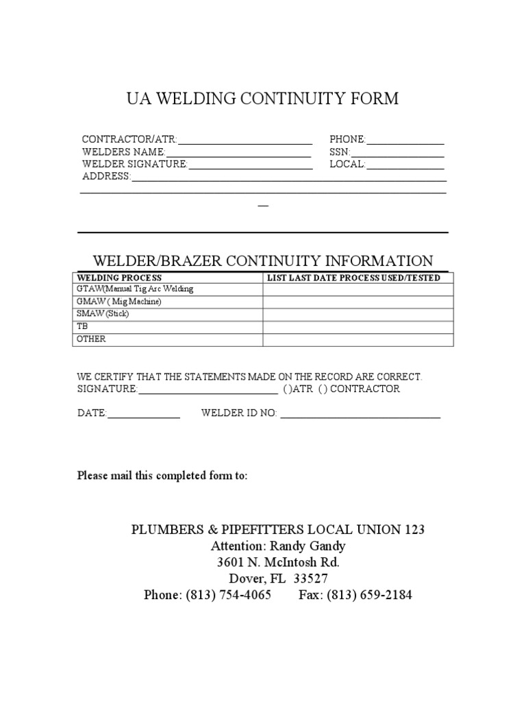 Ua Welding Continuity Form