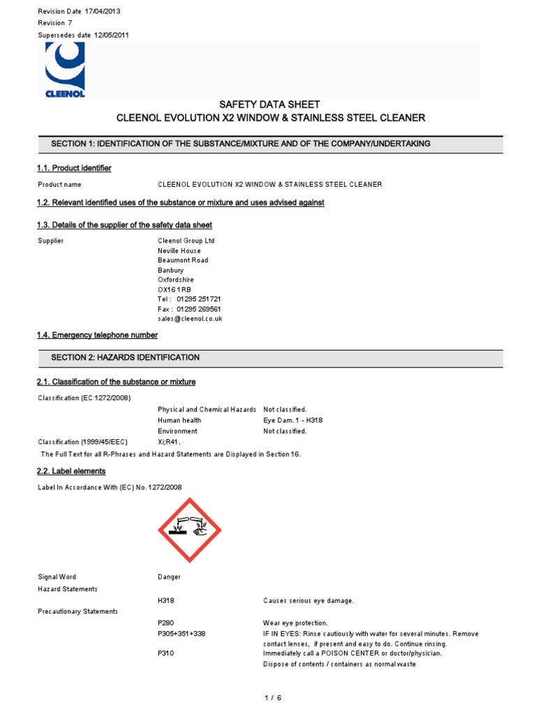 Cleenol Stainless Steel Cleaner SDS | PDF | Safety | Chemistry