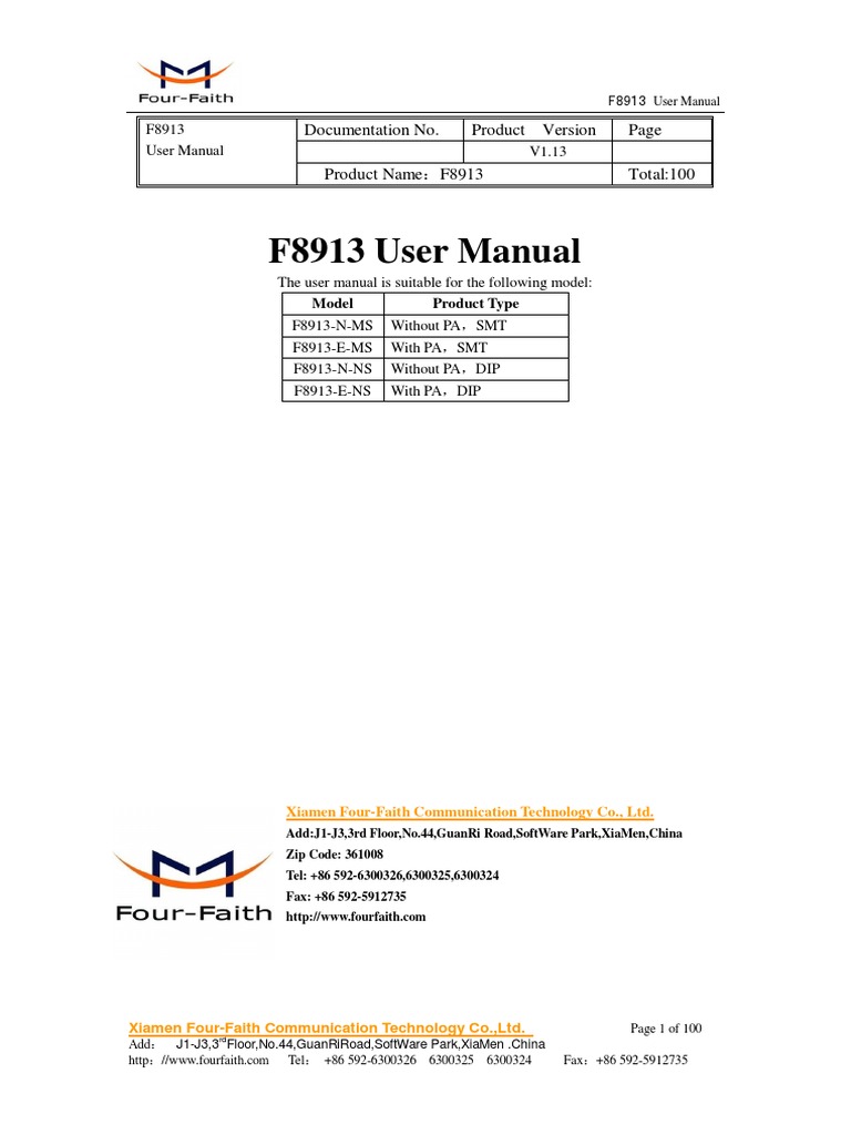F8913 User Manual: Documentation No. Product Version