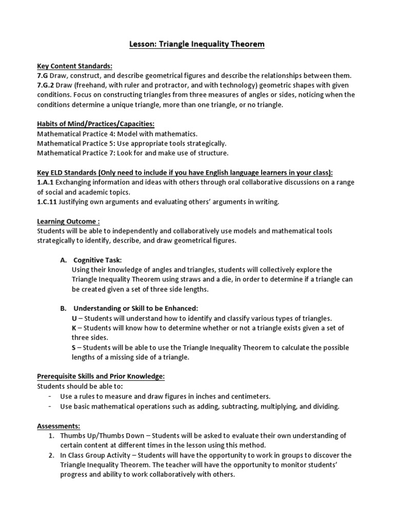 Lesson Plan Triangle Inequality Theorem Alb Triangle Question