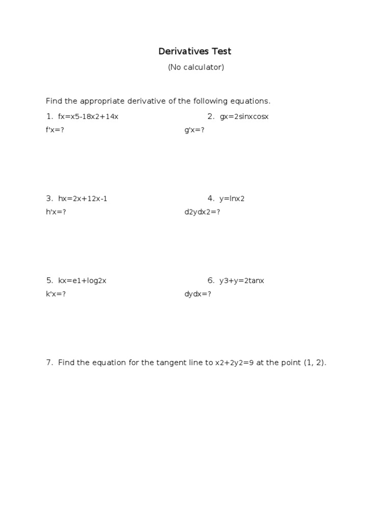 Derivatives Test and Calculations | PDF