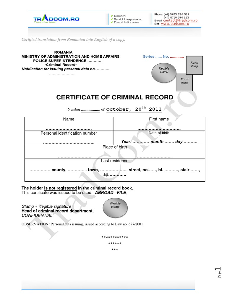 Romanian Criminal Record Certificate | PDF