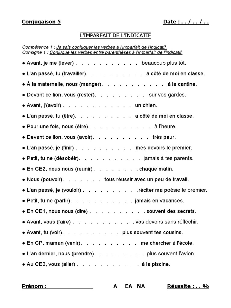 Exercice Imparfait Cm2 à Imprimer 05 Imparfait Indicatif | PDF | Philologie | Arts du langage et discipline
