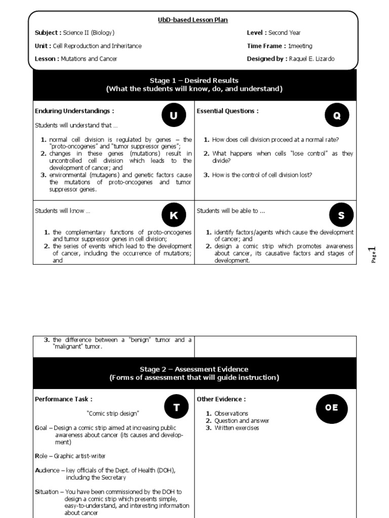 UbD Lesson Plan (Cancer and Mutation) PDF Mutation Cancer