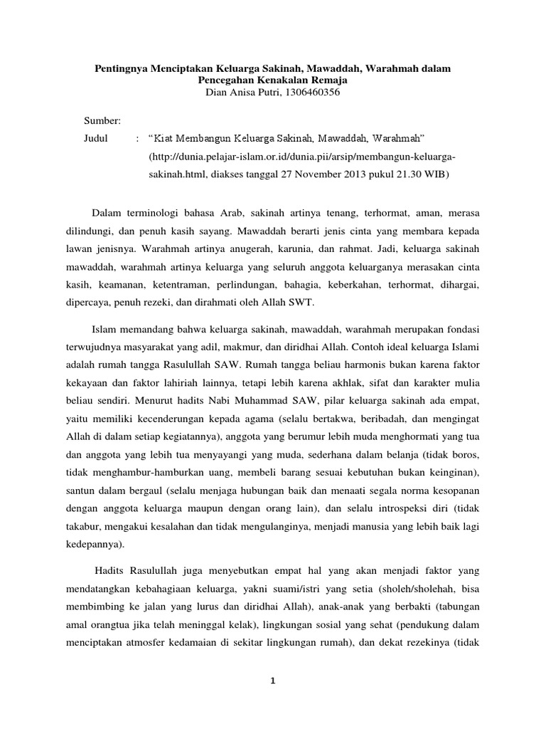 Pentingnya Menciptakan Keluarga Sakinah Mawaddah Warahmah Dalam Pencegahan Kenakalan Remaja