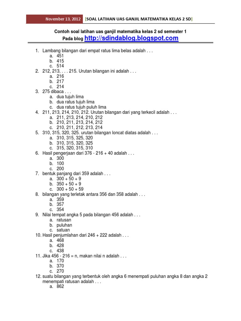 Contoh Sdinda Soal Latihan Uas Ganjil Matematika Kelas 2 Sd Semester 1 Pdf
