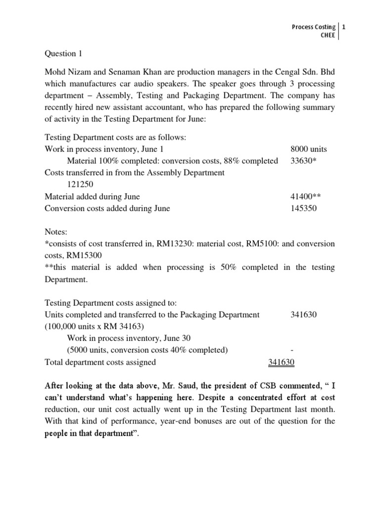 Process Costing Exercise Pdf
