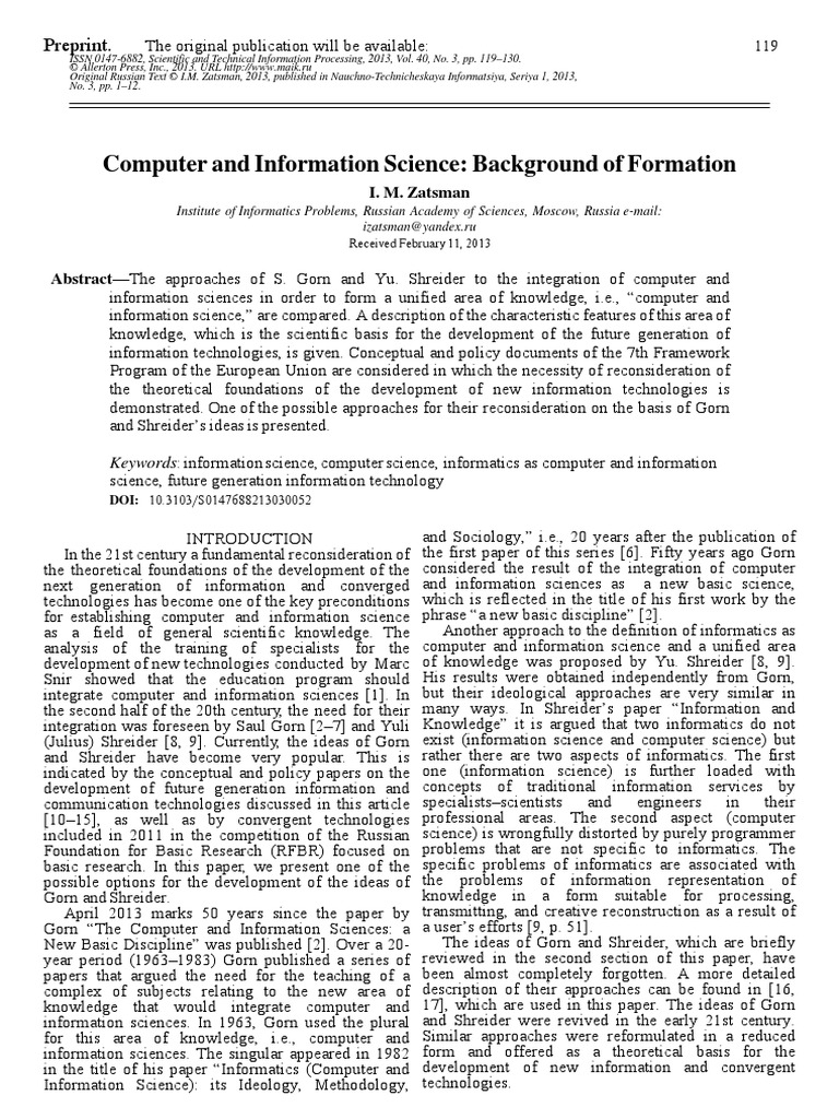 Computer and Information Science: Background of Formation: Preprint ...