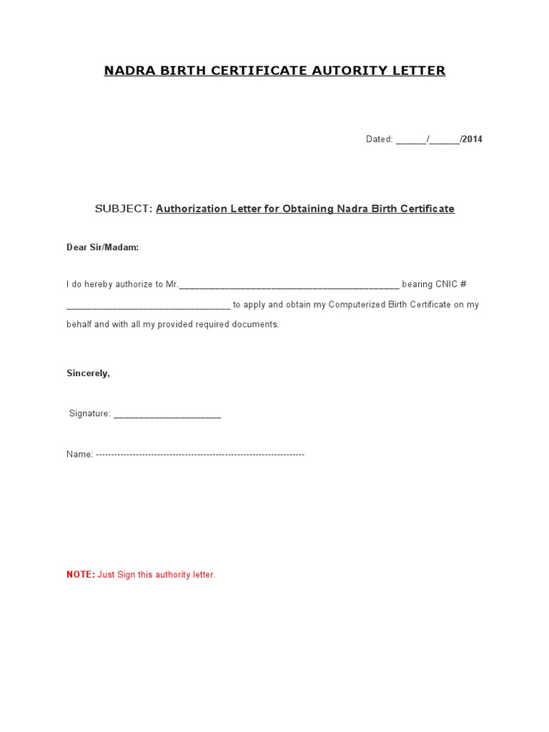 Birth Certificate Authority Letter PDF