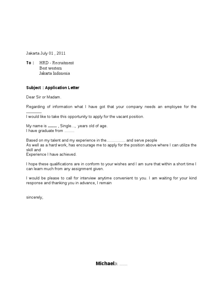 Job Application Letter for Best Western | PDF | Language Arts & Discipline