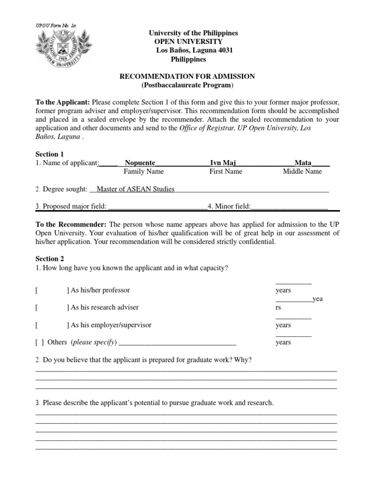 UPOU Recommendation Form for Admission | PDF