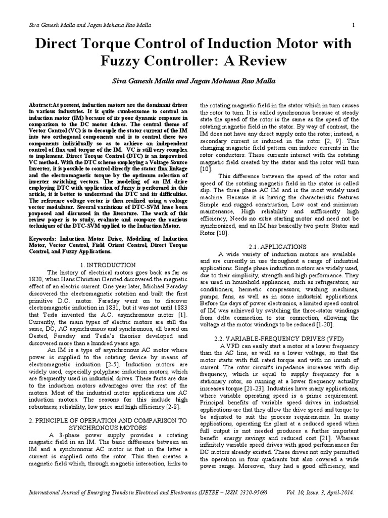 Direct Torque Control of Induction Motor With Fuzzy Controller A Review ...
