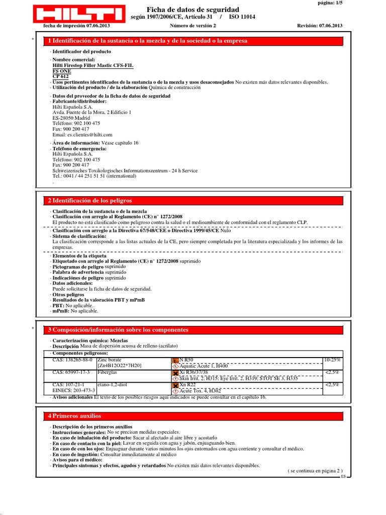 Hoja de Seguridad FS One (Sellador Intumecente Para Barrera Anti