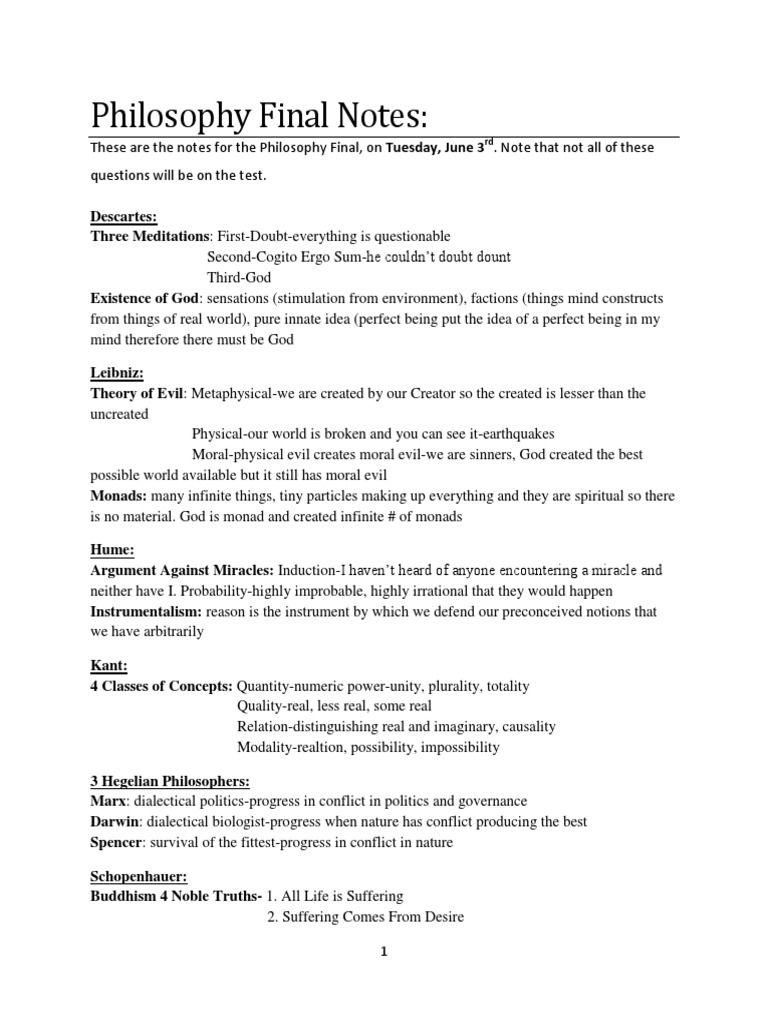 Philosophy Final Test Notes Existentialism Metaphysics