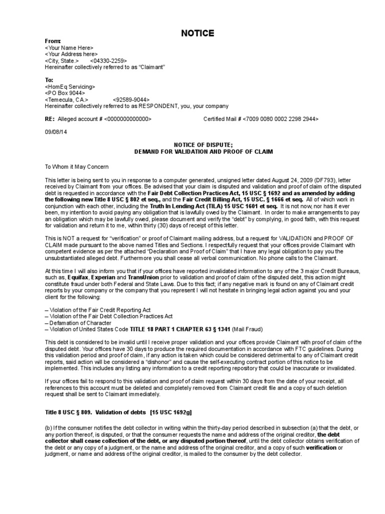 Debt Dispute and Validation Notice | PDF | Collection Agency | Arbitration