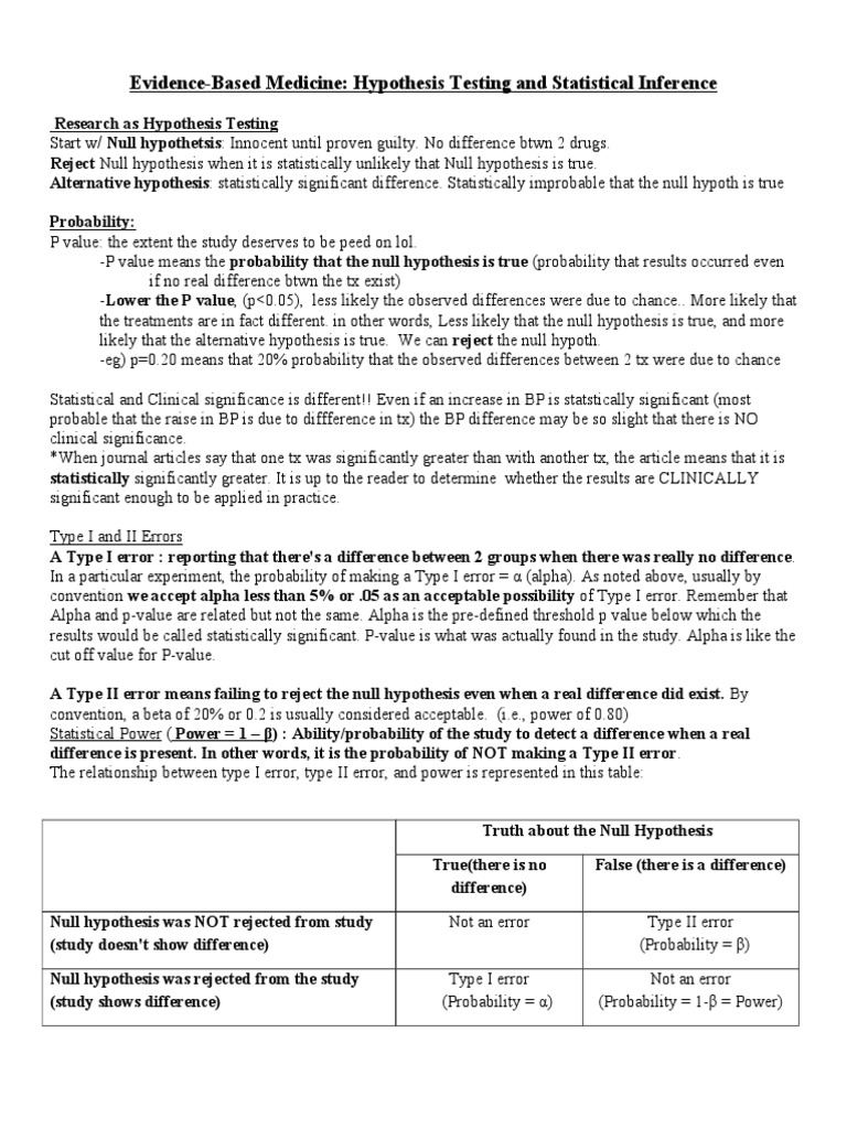 EBM 2 - Notes For Evidence Based Medicine, USMLE | PDF | Statistical  Significance | Statistical Power