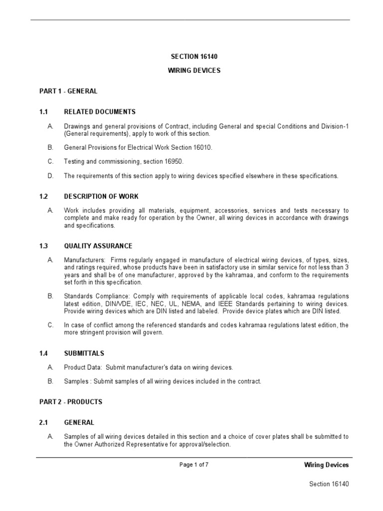 Electrical Specifications , division 16 , SECTION 16140 WIRING DEVICES