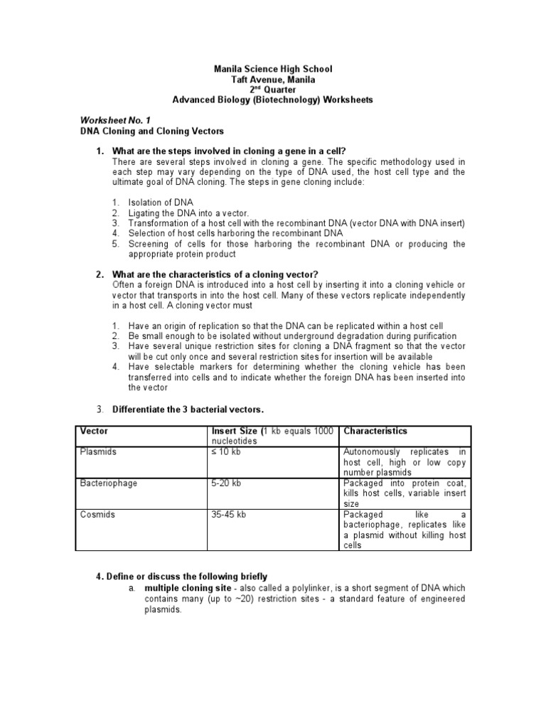 Worksheets Dna Technology Worksheet worksheets with answers molecular cloning plasmid
