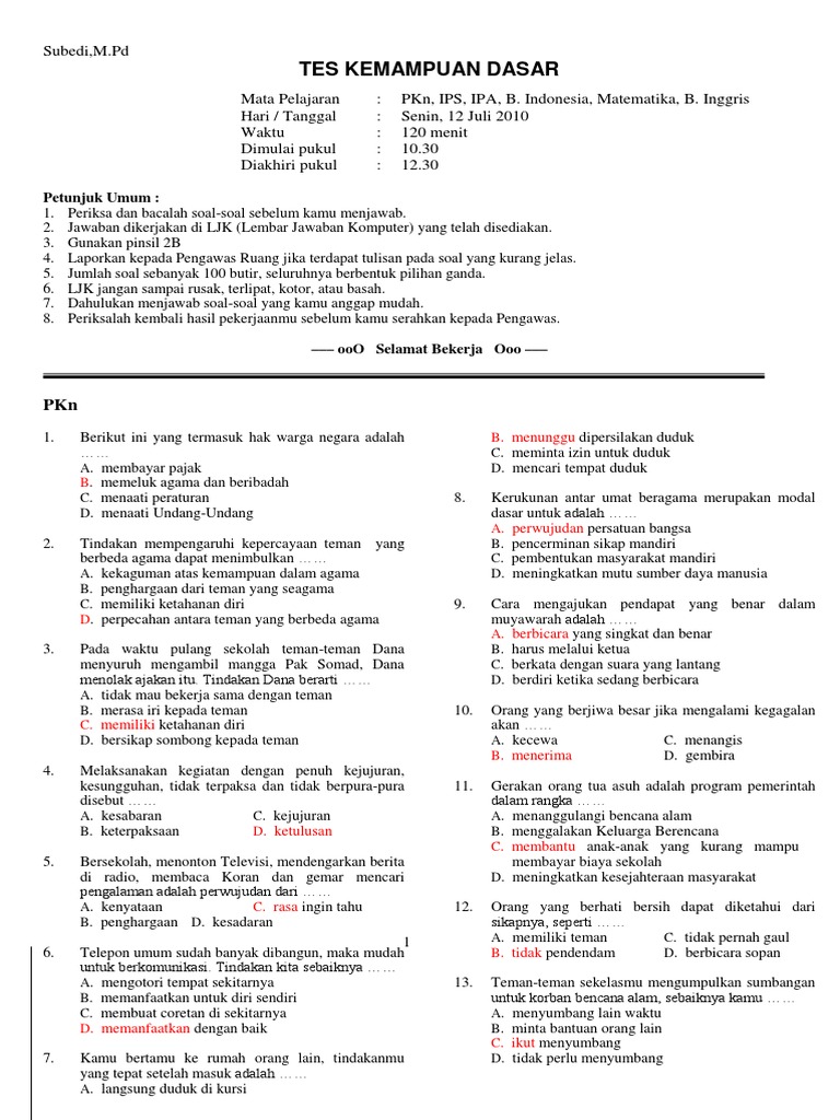 Soal Tes Masuk Smp Bahasa Indonesia