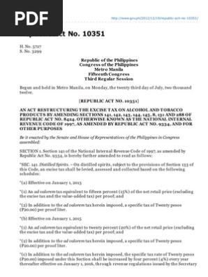 ra 10351 excise tax on alcohol and tobacco products Sin Tax Reform Law (RA 10351) Overview | PDF | Distilled Beverages