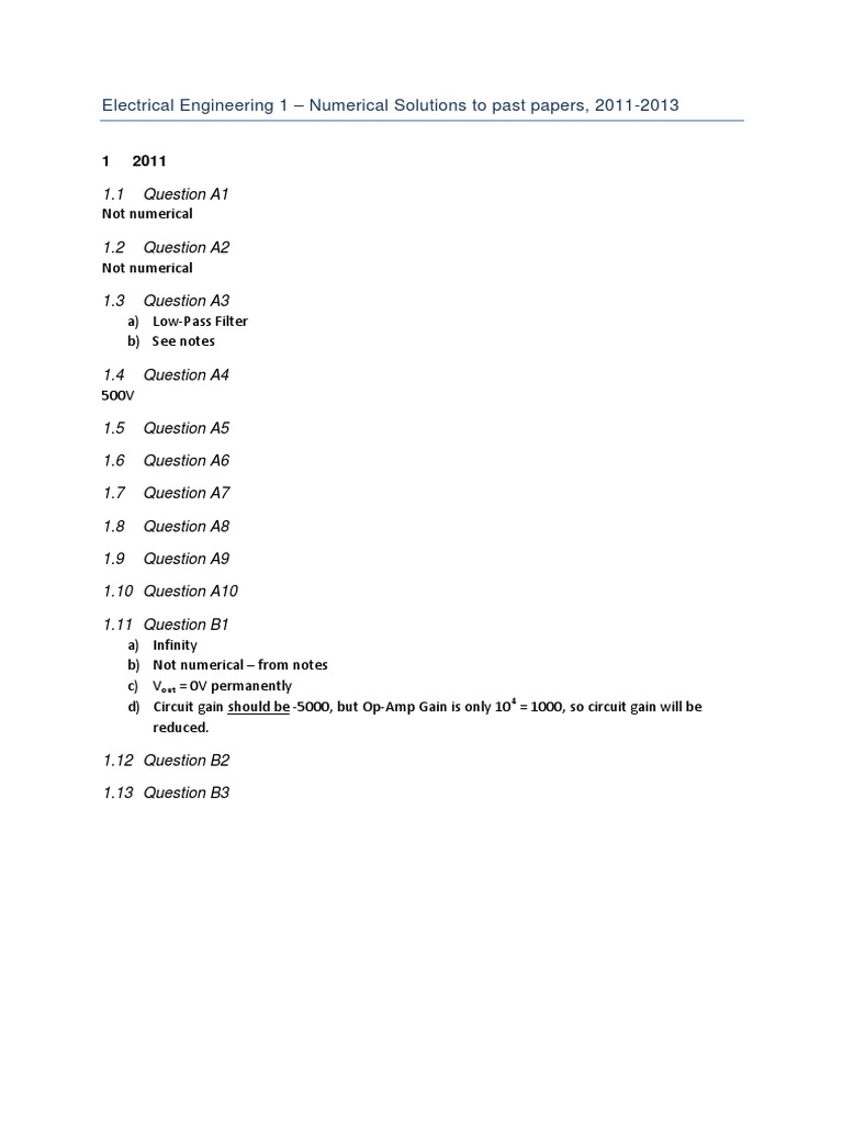 Electrical Engineering 1 - Numerical Solutions To Past Papers, 2011 ...