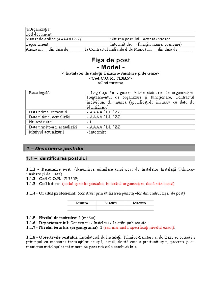 Model Fisa Post Instalator Instalatii Tehnico Sanitare Si De Gaze