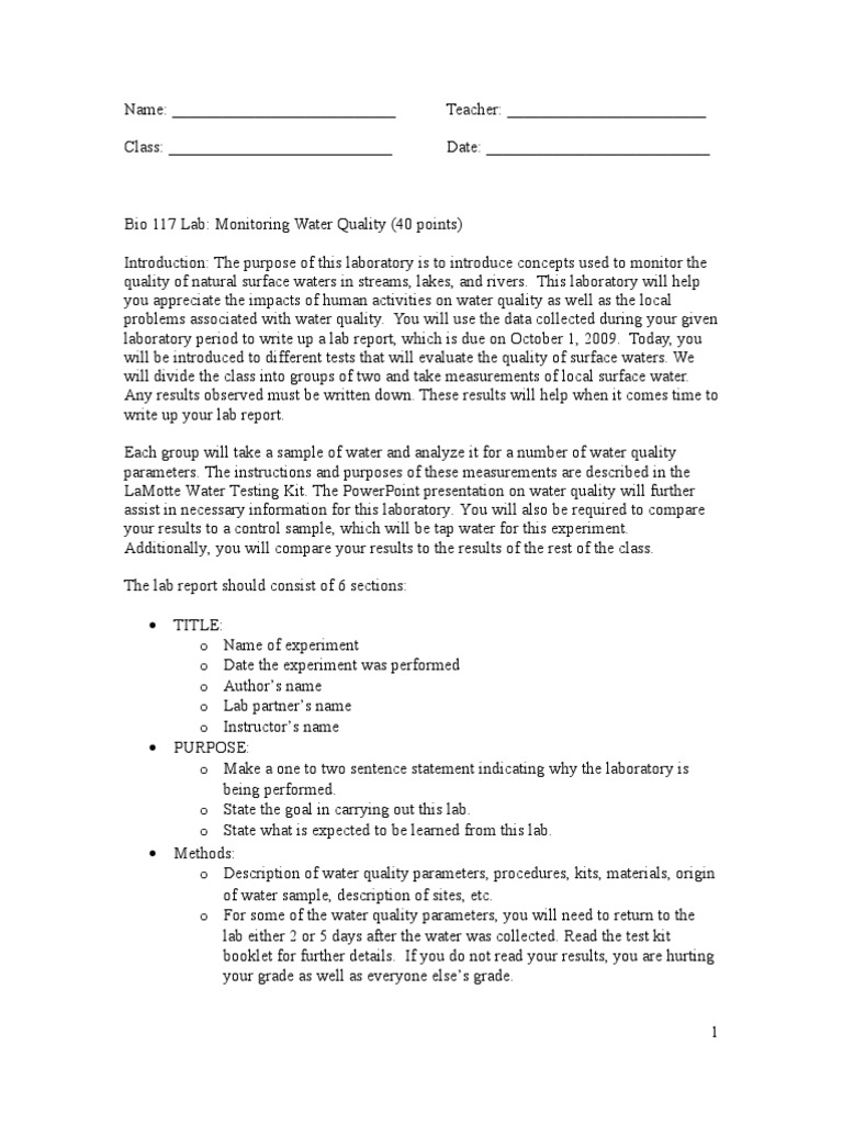 Water Quality Lab PDF Water Quality Experiment