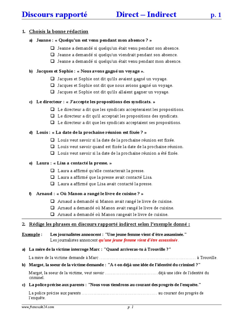 (21.5.2014) Discours Direct-Indirect Avec Corrige ! | PDF | Conjugaison ...