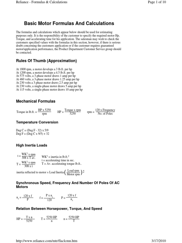 Basic Motor Formulas and Calculations Rules of Thumb (Approximation) PDF Horsepower Engines