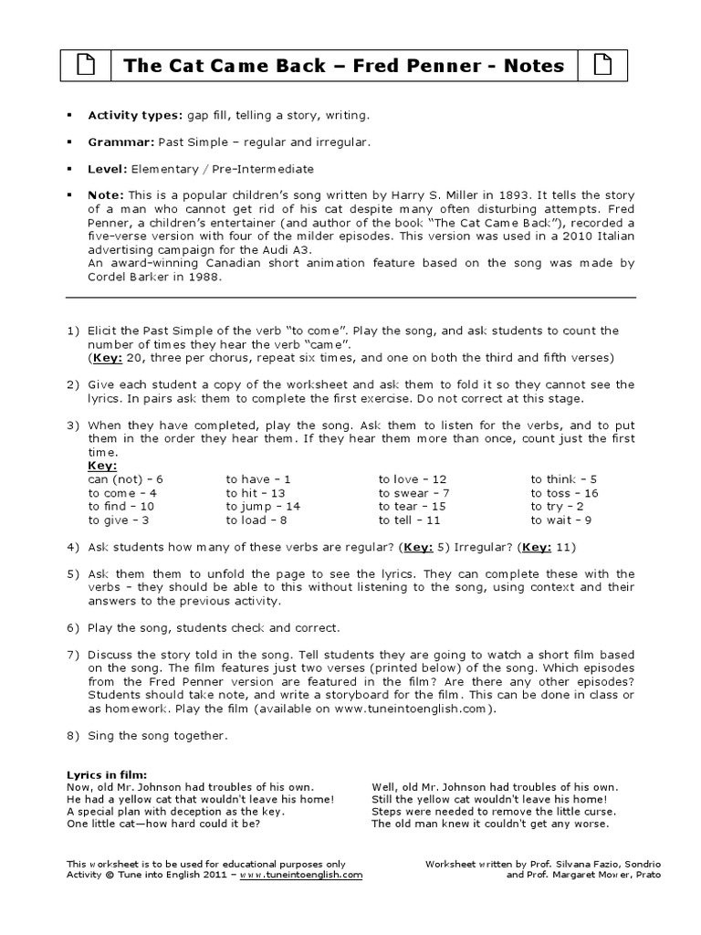 The Cat Came Back Fred Penner Notes PDF Leisure Entertainment