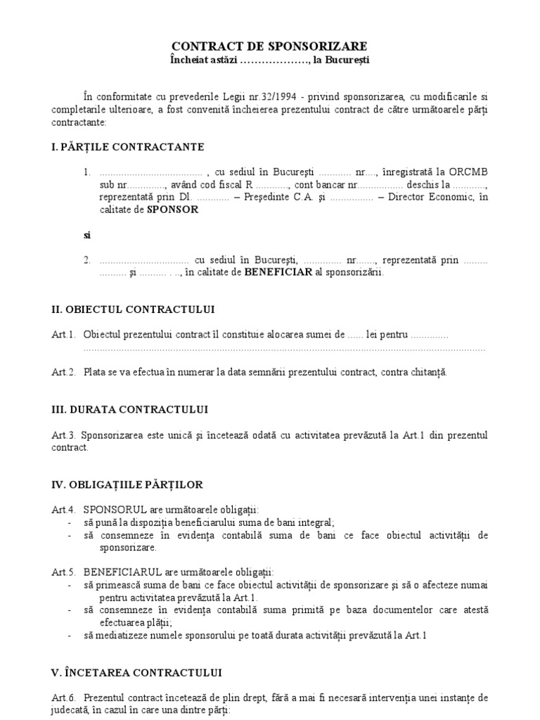 Contract de Sponsorizare MODEL PDF