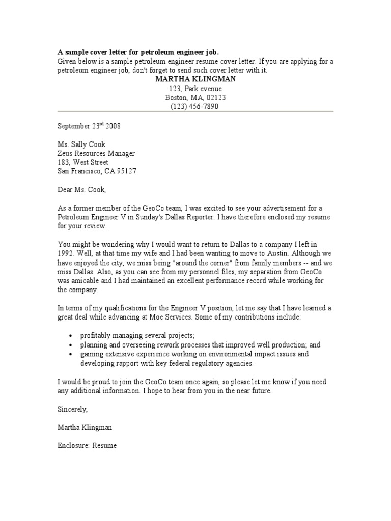 Petroleum Engineer Resume Cover Letter in Word Format PDF