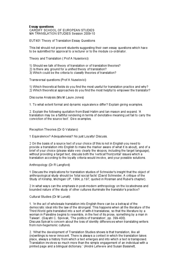 Essay Questions Cardiff School of European Studies Ma Translation ...