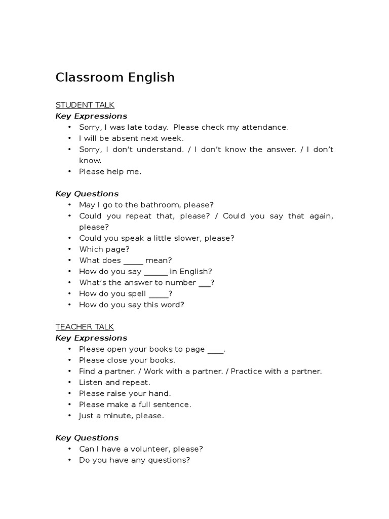 Classroom English Key Phrases | PDF | Language Arts & Discipline