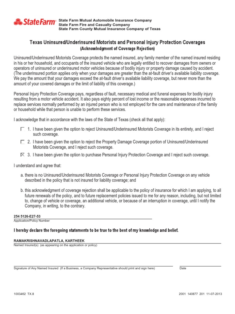 Texas Uninsured Motorist Coverage Rejection | PDF | Health Insurance ...