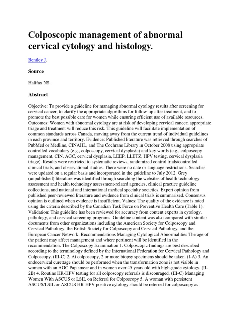 Colposcopic Management of Abnormal Cervical Cytology and Histology ...