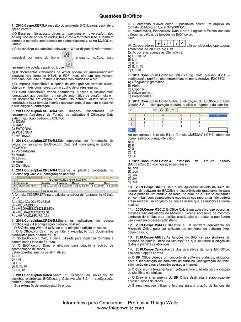 BrOffice: Questões e Funcionalidades | PDF | Planilha | Microsoft
