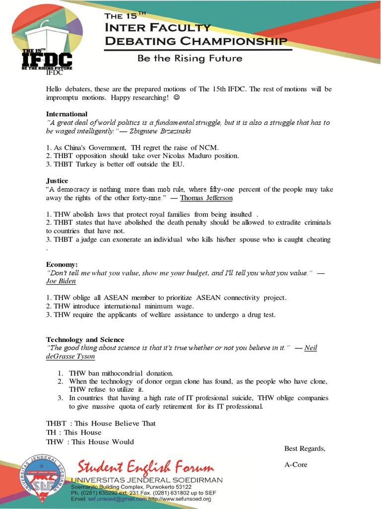 IFDC 15th Debate Motions Overview | PDF