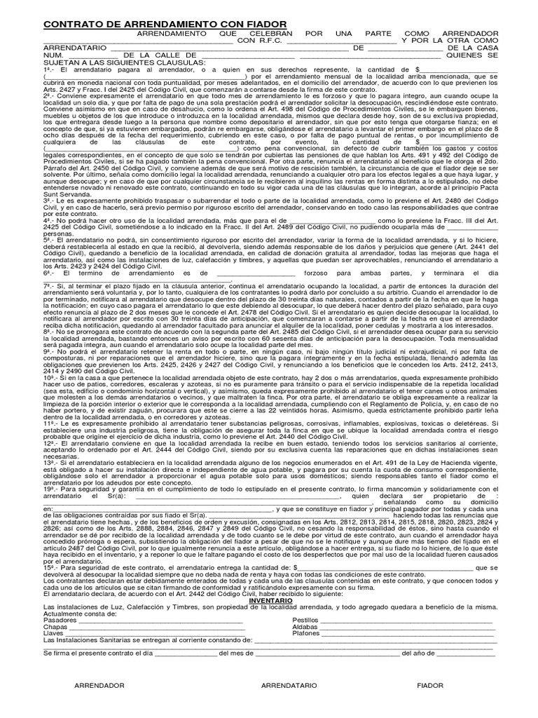 Machote CONTRATO DE ARRENDAMIENTO CON FIADOR Este en Arial PDF | PDF |  Alquiler | Ley de obligaciones