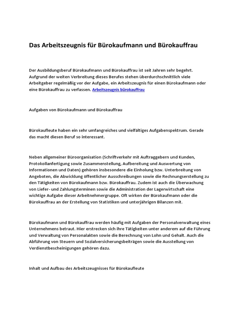 Das Arbeitszeugnis Fur Burokaufmann Und Burokauffrau