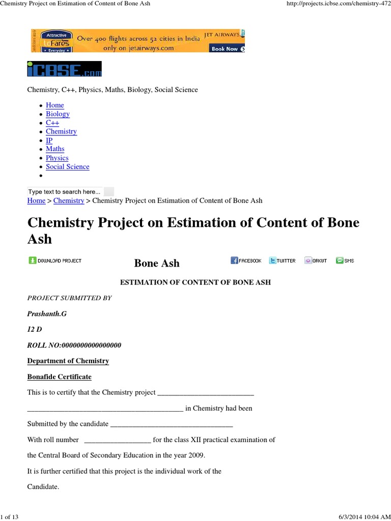 Chemistry Project On Estimation of Content of Bone Ash | PDF | Bone ...