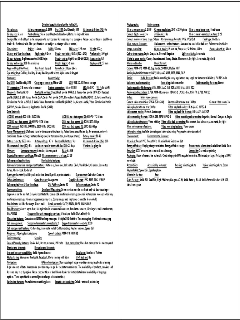 Detailed Specifications For The Nokia 301 | PDF | Electronics | Computing
