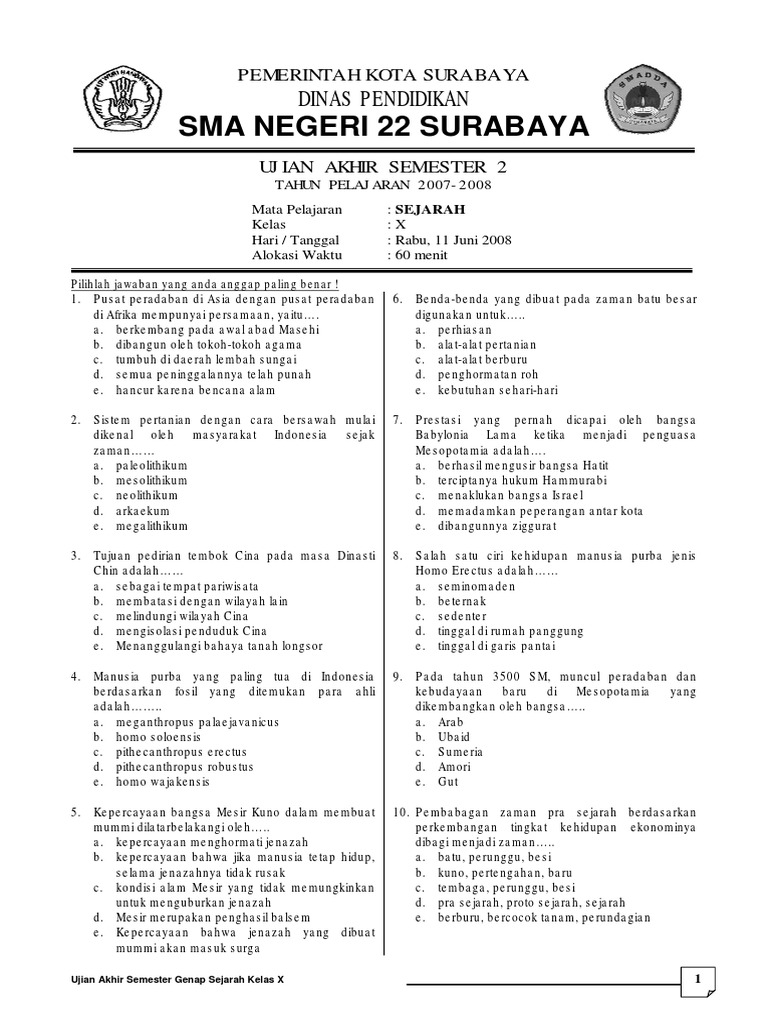 Soal Sejarah Kelas x Semester 2