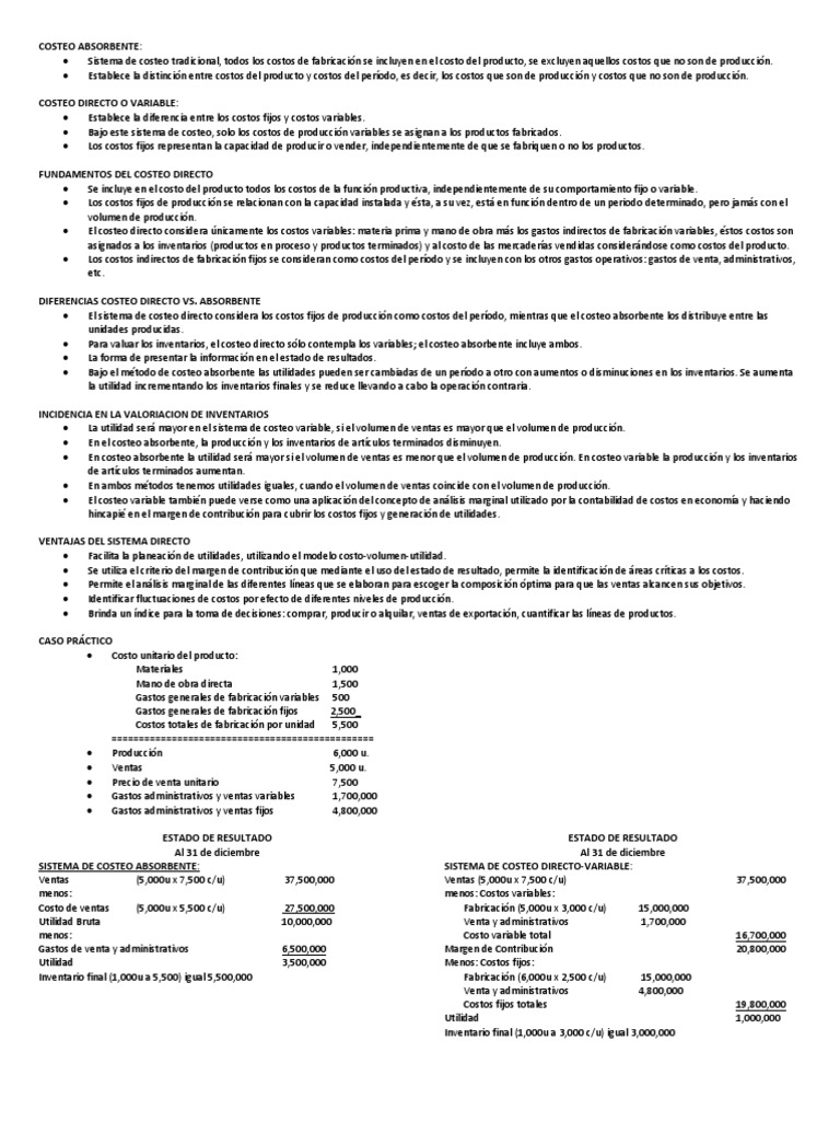 Comparativa de Costeo Directo y Absorbente | PDF | Costo | Estado de ...