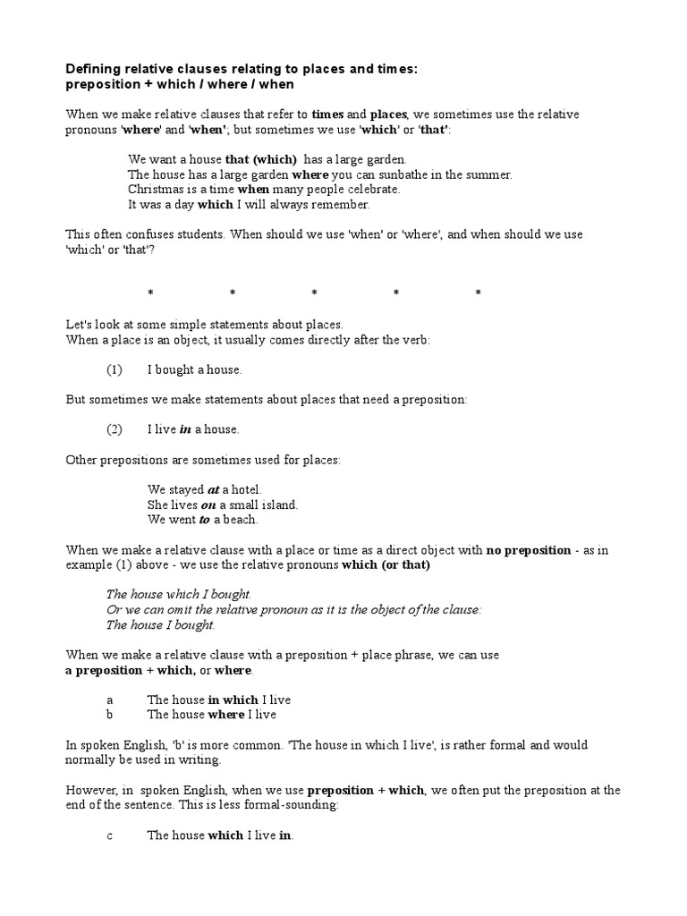 Defining Relative Clauses Relating To Places and Times: Preposition ...