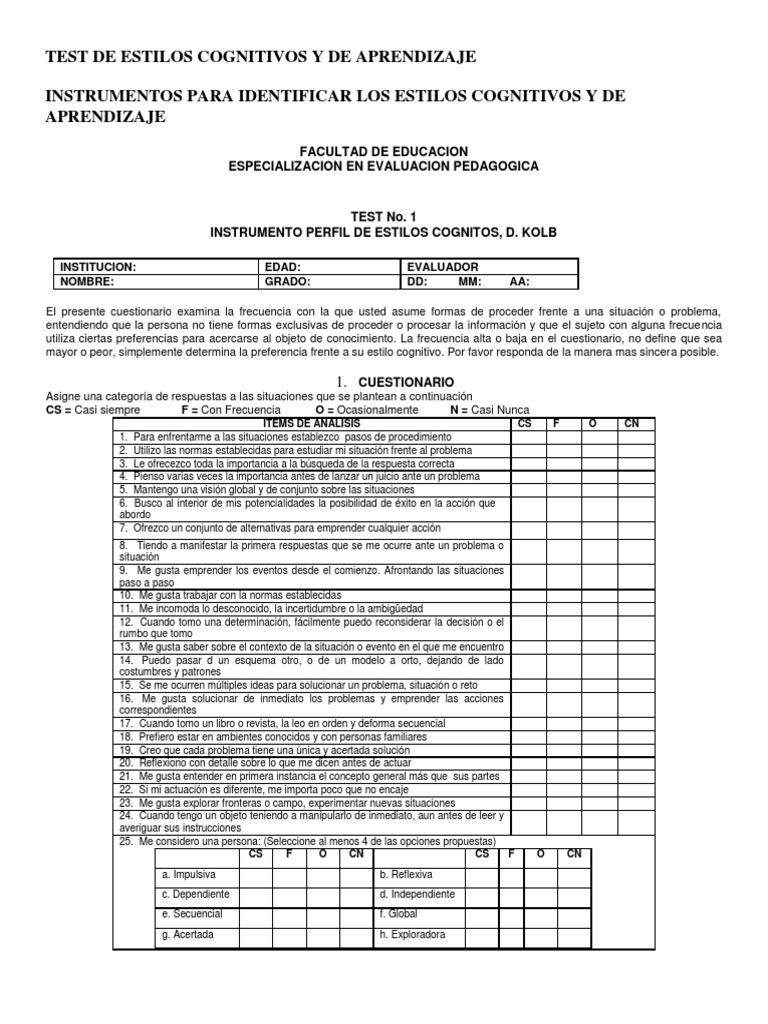Test de Estilos Cognitivos y de Aprendizaje | PDF | Aprendizaje ...