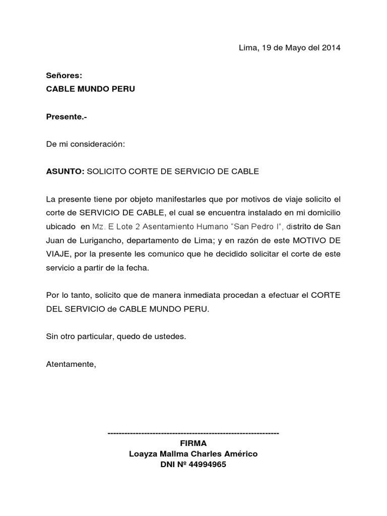 Solicitud Corte Del Servicio De Cable America Del Sur Agitacion