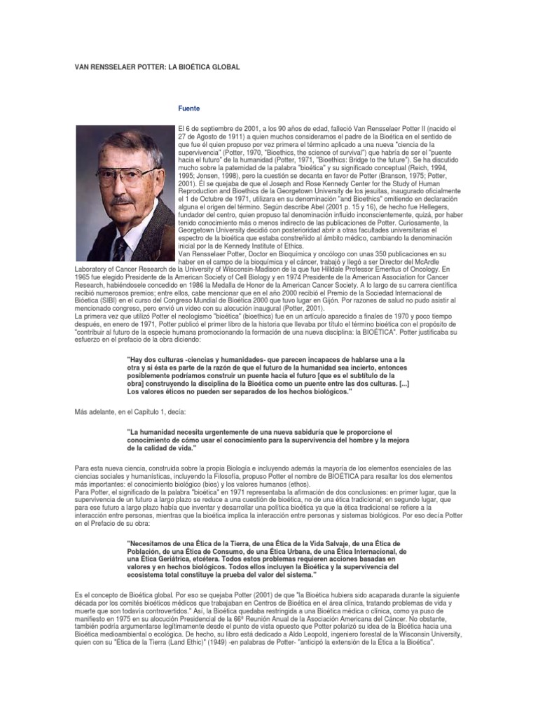 Van Rensselaer Potter La Bioética Global