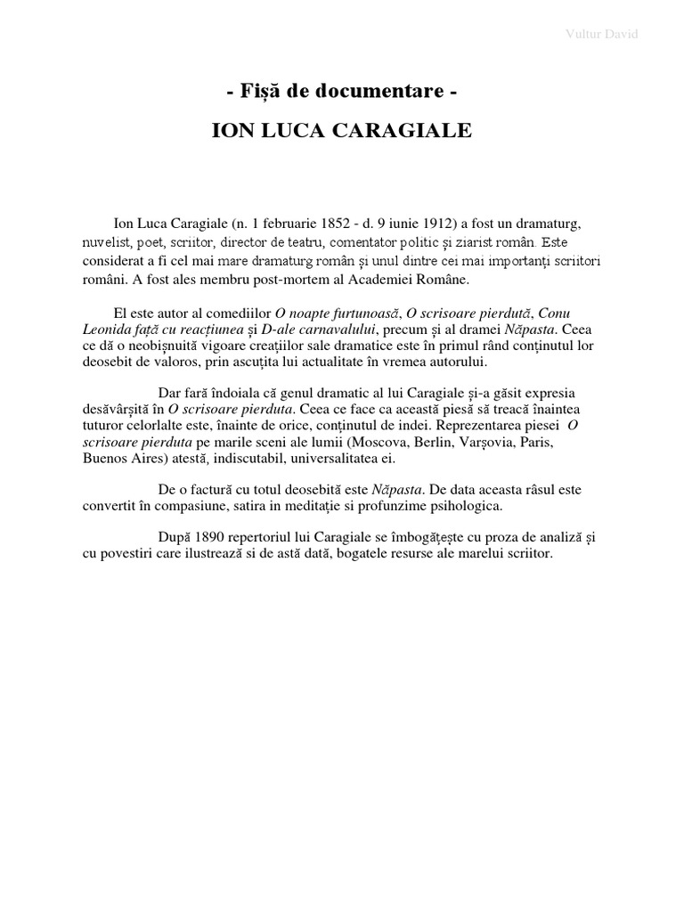 Fișă De Documentare Ion Luca Caragiale