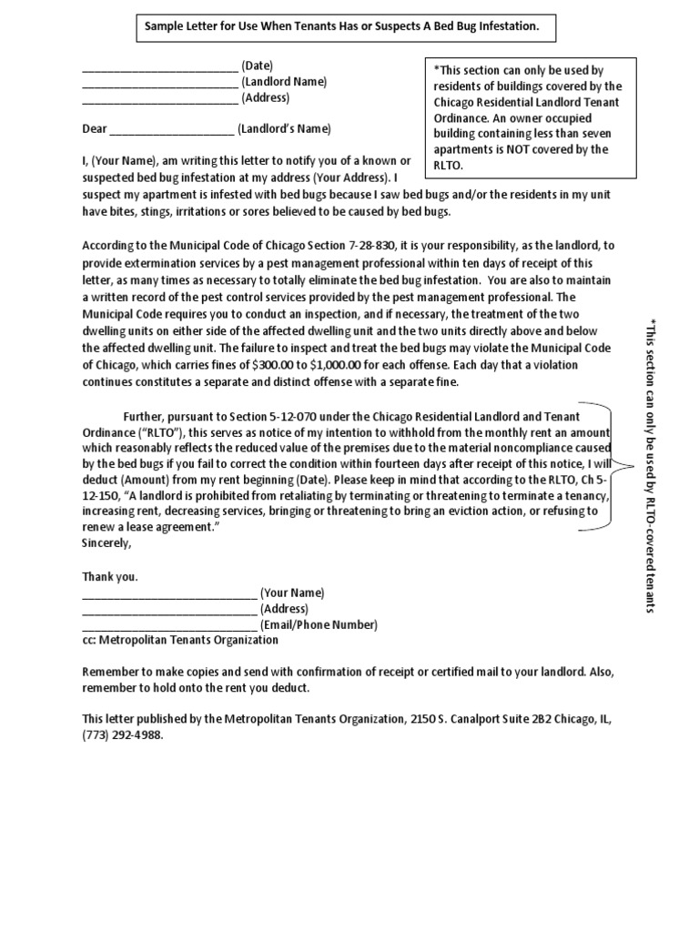 Bed Bugs Sample Letter Leasehold Estate Property Law